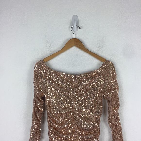 Zara Rose Gold Sequin Long Sleeve Ruched Mini Dress Small Cocktail Off Shoulder - Picture 14 of 16